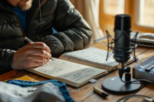 Close-up of hands writing on a notebook beside a professional microphone, suggesting content creation or scriptwriting