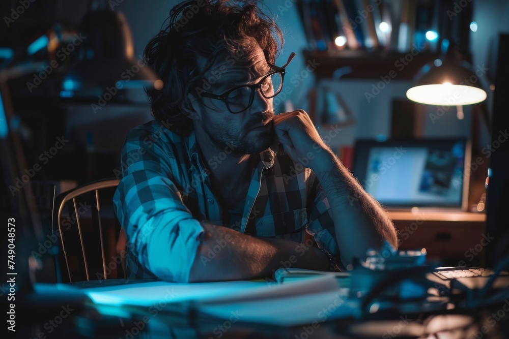 Aufkleber a focused man with glasses working diligently on his computer in a dimly lit room late at night, sho