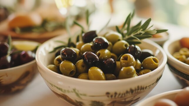 A plate of green and black olives on the table. generative ai