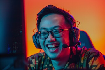 A streamer wearing glasses laughs joyfully during a gaming session, with colorful lighting