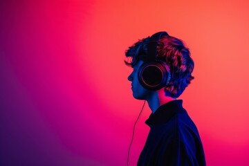 A silhouette of a person wearing headphones captured under a striking red and blue gradient illumination The image evokes a futuristic and musical theme