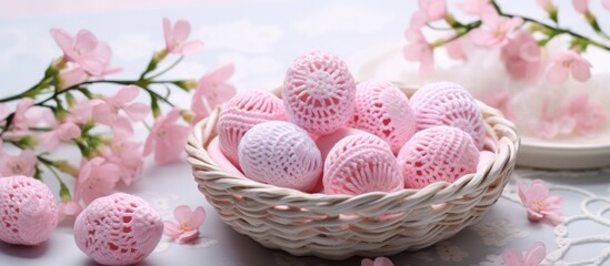 Obraz na płótnie Canvas A basket filled with pink crocheted eggs sits on top of a table. These handcrafted eggs are made using soft pink cotton yarn, perfect for spring and Easter greeting cards or handmade gifts.