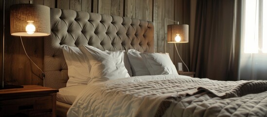 A grey bed with a headboard made of wood stands in a room, complemented by a large wooden lamp. The wooden headboard adds a touch of warmth and natural texture to the rooms decor. - obrazy, fototapety, plakaty