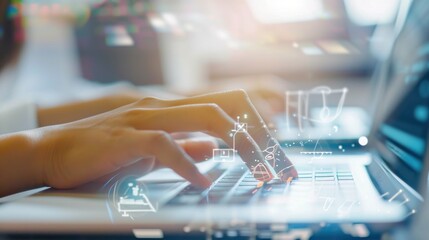 hands typing in front of a computer or laptop. Database Management Technology Concept