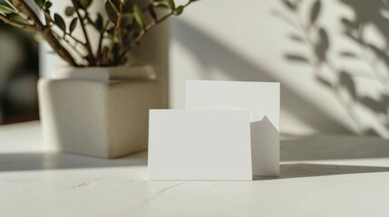 Blank business card mock up on wooden table.near flowers