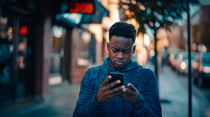 Black Man Using Cell Phone Outside with Focused Serious Expression