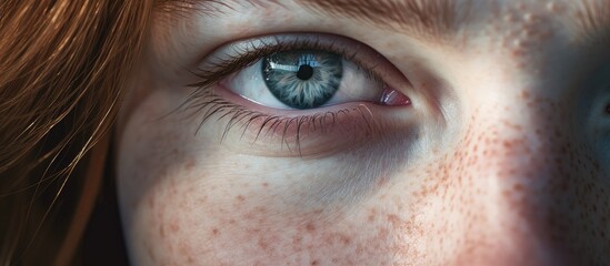 A close-up shot of a young Caucasian woman with her eye closed, showcasing prominent freckles scattered across her face.