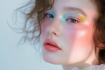 Close-up portrait of a girl wearing colourful makeup, studio beauty shot