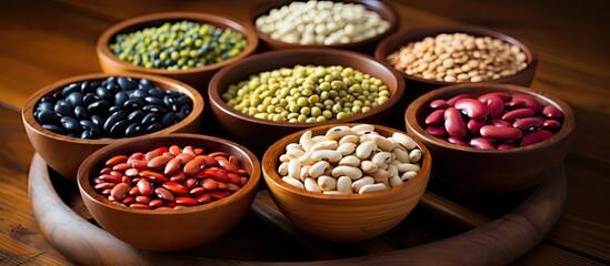 A collection of various types of beans such as black, mung, red, soybeans, and white beans are displayed in separate bowls. These beans are known for their nutritional value and are commonly used in a - obrazy, fototapety, plakaty