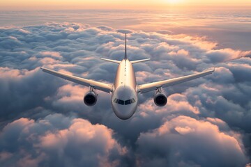 Commercial airplane jetliner flying above dramatic clouds