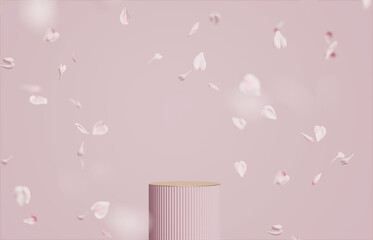3D background, pink podium display. Flower, rose petals falling. Cosmetic, beauty product promotion step pastel pedestal. Abstract advertisement. Feminine 3D render copy space  mockup for woman
