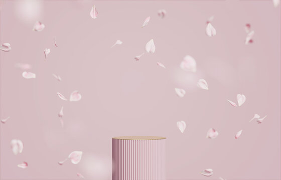 3D background, pink podium display. Flower, rose petals falling. Cosmetic, beauty product promotion step pastel pedestal. Abstract advertisement. Feminine 3D render copy space  mockup for woman