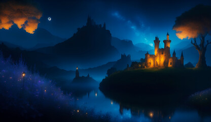 Fototapeta premium Fantastic Landscape, fairy tale castle at night, dreamlike paradise in the evening, mysterious lake water, wall art for home decor, artistic wallpaper