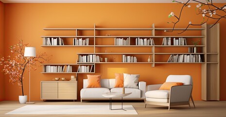3d rendering of a living room with bookshelf and flower wall