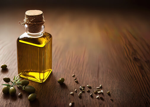 one bottle of oil with some sead in wood