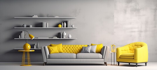 a 3d rendering illustration of an empty room with yellow coffee table, a sofa and shelves,, in the style of light gray and gold