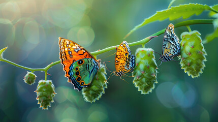  butterfly cocoons and newly hatched butterfly in nature , birth process of butterfly  - obrazy, fototapety, plakaty