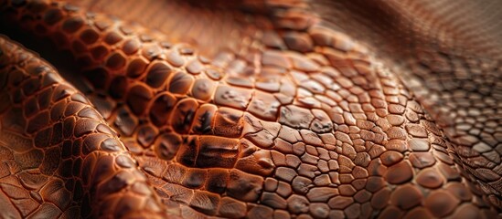 This close-up shot captures the intricate details of a brown snake skin, showcasing the textured pattern and unique markings. The faux leather surface mimics the natural allure of a snakes skin - obrazy, fototapety, plakaty