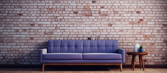 A blue couch faces a white brick wall