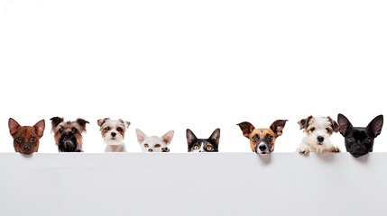 group of dogs and cats looking over a border in a line isolated against transparent background