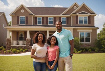 happy family in front of house