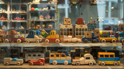 A display of handmade wooden toys including cars trains and puzzles crafted with precision and painted with bright nontoxic colors.