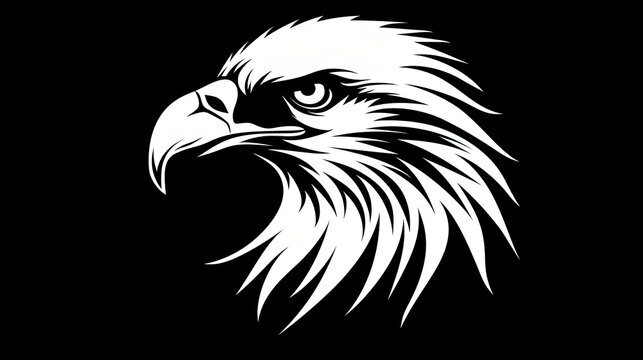 black and white silhouette logo of a eagle on black background, can be used for cards, banners, tshirts prints, mug prints, logos 