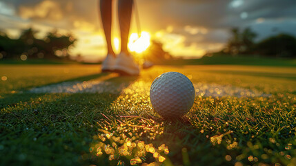 closeup of golf ball , golf player playing golf, green court blur background photo effect  - obrazy, fototapety, plakaty