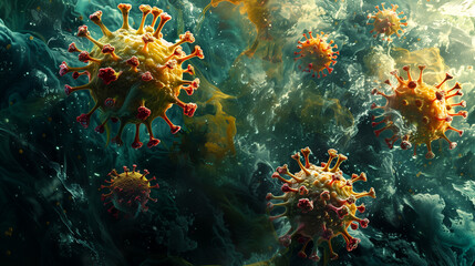 Fototapeta na wymiar Detailed 3D render of a virus particle in vibrant colors against a dynamic background, AI-generated image.