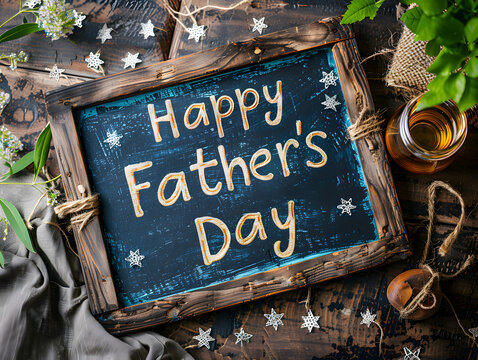 A sign reading Happy Fathers Day stands next to a potted plant. Father's Day Concept