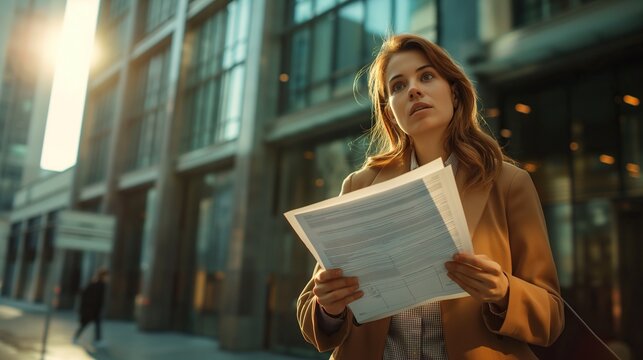 Woman in suit searching for job standing near office centre, waiting for a job offer, waiting for an interview, holding resumes, Jobless people, Global unemployment employment and recruitment concept