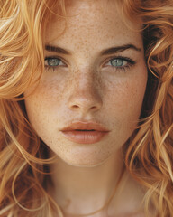 Porträt eines rothaarigen Mädchens mit blauen Augen. KI generiert. - 749051945