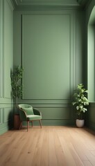 With wooden floors and wall panels, the interior is modern and classic green. 3D render mockup of an illustration.