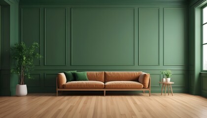 With wooden floors and wall panels, the interior is modern and classic green. 3D render mockup of an illustration.