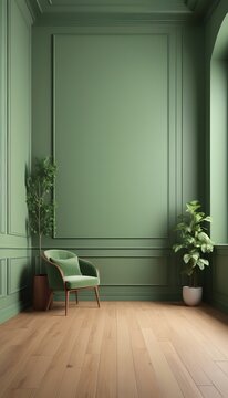 With wooden floors and wall panels, the interior is modern and classic green. 3D render mockup of an illustration.