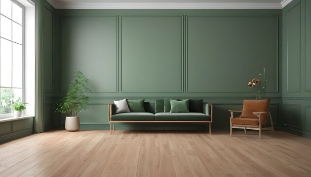 With wooden floors and wall panels, the interior is modern and classic green. 3D render mockup of an illustration.