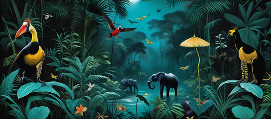 Fototapeta na wymiar Jungle, tropical illustration. Fantasy Tropical night floral palm trees, plants, wild animals elephant, giraffe, birds black background. Exotic dark jungle wallpaper for kids room. mural art.