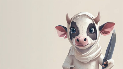 Eid Al-Adha mubarak greeting banner or card (Festival of the Sacrifice). Cartoon cow illustration - obrazy, fototapety, plakaty