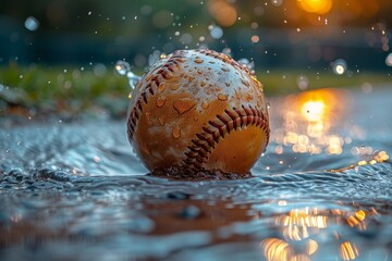 A water-soaked baseball shines with reflections of a golden sunset, highlighting its texture and form