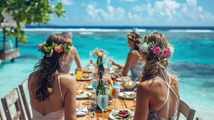 rear view of happy bridesmaid on beach side with flower hair accessories on head ,and food and...