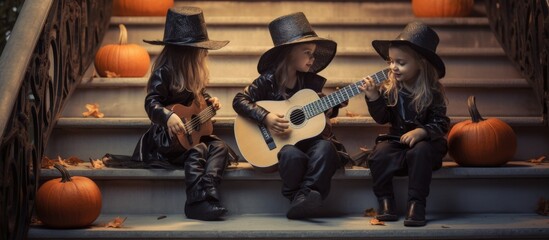 A group of children, including a cute little girl in a Halloween costume, sitting on the steps and playing guitars. Two boys are sitting by a decorated door as the girl sings and strums her guitar.