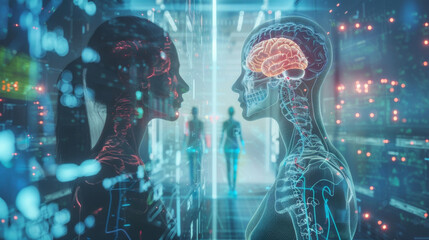 Two identical digital twins side by side one representing a persons actual body and the other representing their digitally simulated health visually showing disparities and