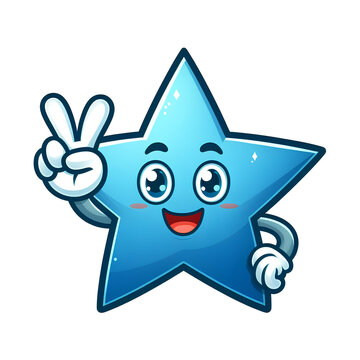 blue star cartoon character with peace pose