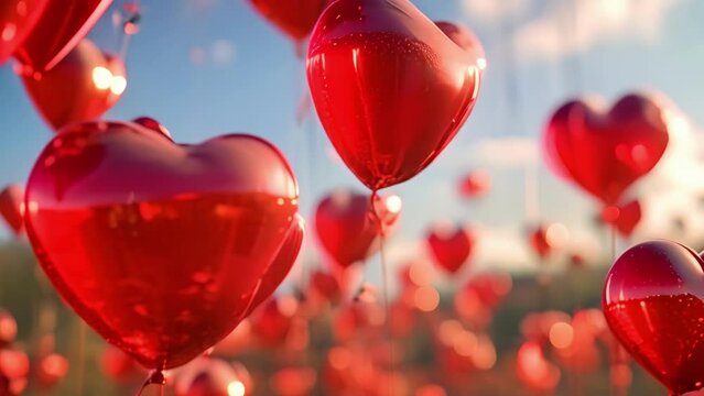 Field Filled With Red Heart Shaped Balloons