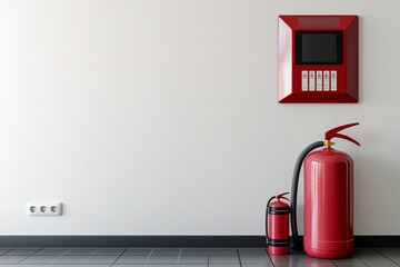Red fire extinguisher installed next to white wall in a building for safety measures. - obrazy, fototapety, plakaty