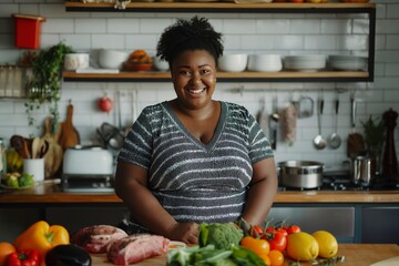 A happy black plus size woman standing in a kitchen, preparing food with fruits and vegetables.