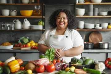 A happy afro plus size woman standing in a kitchen surrounded by a variety of fresh fruits and vegetables.