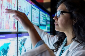 Hispanic woman senior data scientist wearing glasses while focused on computer screen.