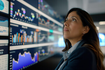 A woman, likely Hispanic, a senior data scientist, analyzing a wall covered in graphs.