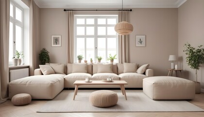 Fototapeta na wymiar Elegant beige corner sofa and poufs in a traditional apartment. Modern living room interior design in the Scandinavian style